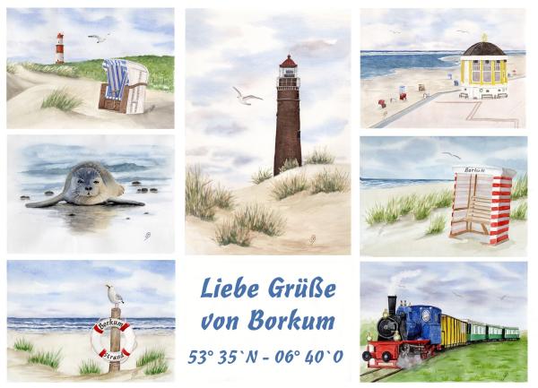 Postcard DIN-A5  Watercolor Maritime Art Print North Sea Island Borkum Beach Chair Lighthouse Ocean Dunes